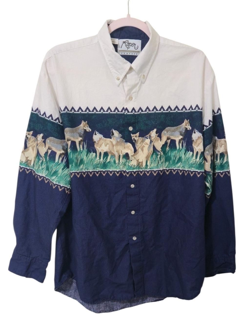 Rare Vintage 80s Roper Wolves Landscape Graphic Button Down Shirt USA Lg Western